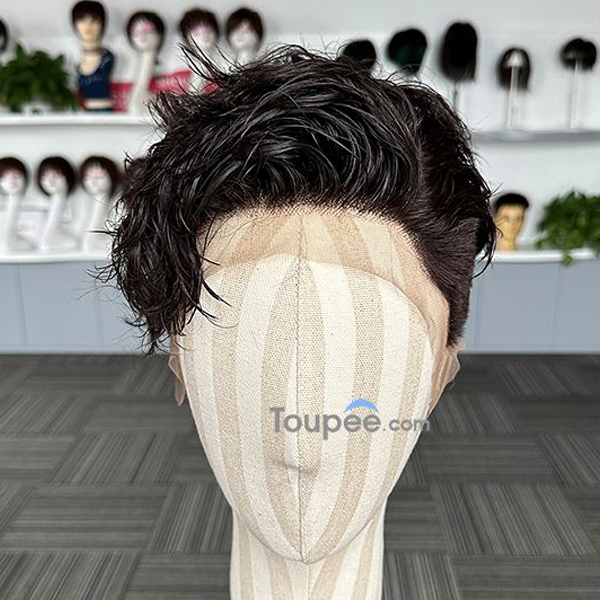 2023 Fashion Trends Wavy Style Realistic Men’s Full French Lace Wig With Natural Look Replacement Human Hair Wigs System For Men Free Part Middle Side Part Way
