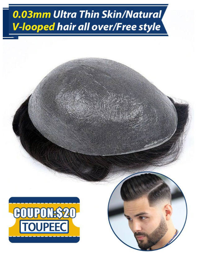 Ultra Thin Men's Toupee 0.03 mm Skin Hair Replacement Systems For Men