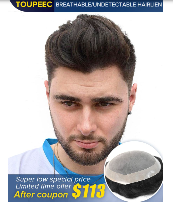 Best Stock Mens Toupee Fine Mono with Poly Skin Perimeter and Folded Hair System for Men