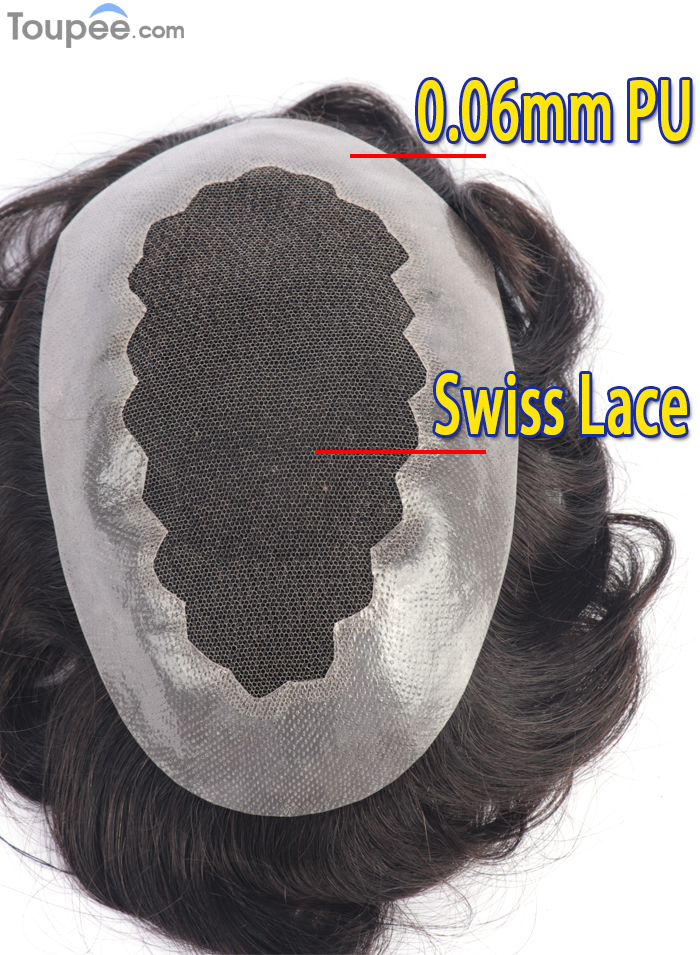 Customized Swiss Lace With 0.06mm PU Toupee Hair With A Type Hairline For Men 100% Replacement Men's Human Hair Lace Systems For Balding Crown