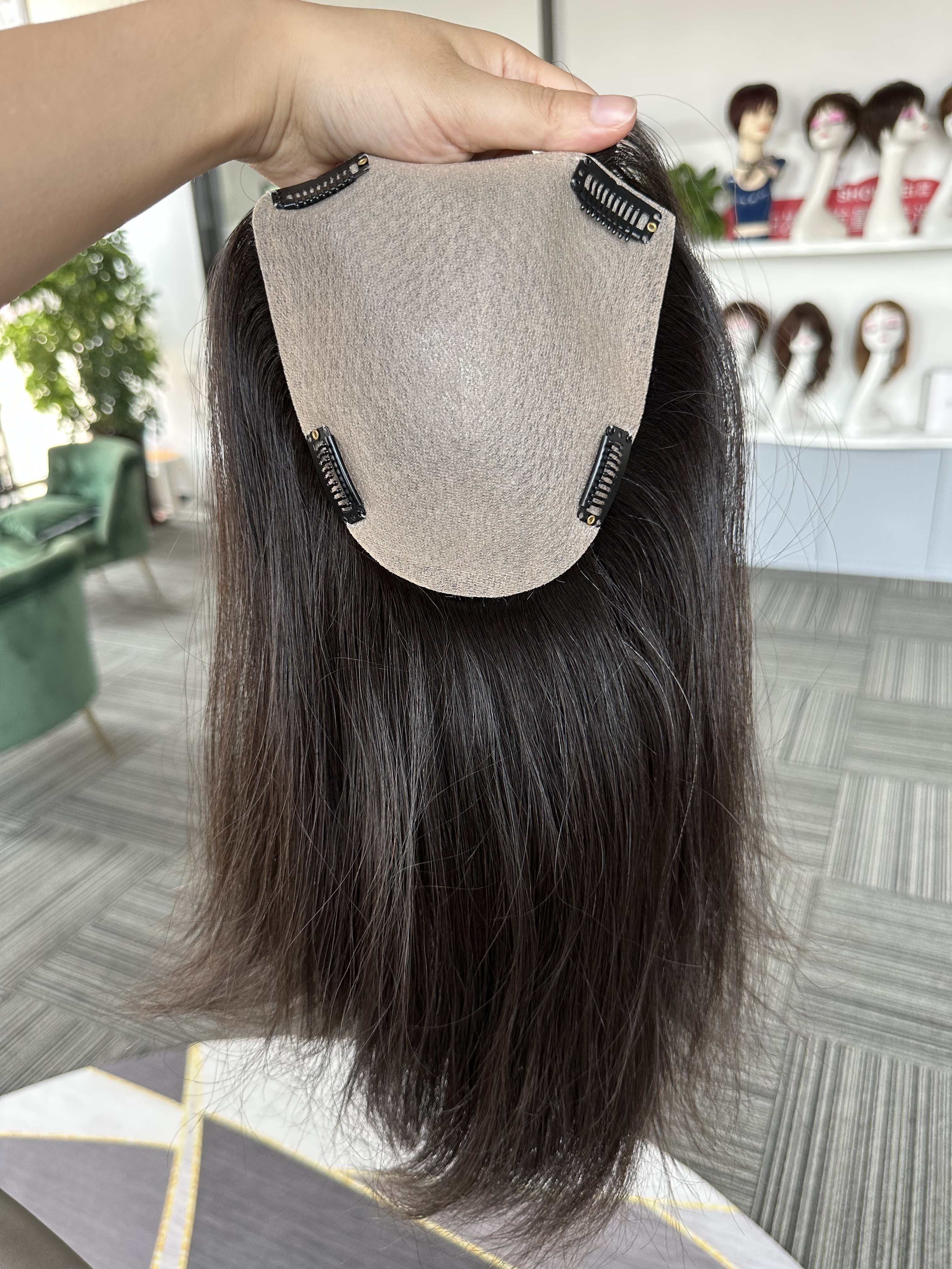 5.5*6 Stock Human Hair Toppers For Women With Natural-Looking Black Silk Top Base Women's Remy Hair Topper with 4 Clips For Thinning Crown Wholesale