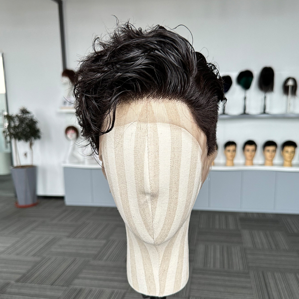 2023 Fashion Trends Wavy Style Realistic Men’s Full French Lace Wig With Natural Look Replacement Human Hair Wigs System For Men Free Part Middle Side Part Way