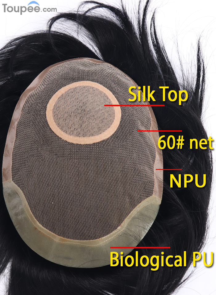 Wholesale Biological PU Front With Silk Top Toupee Hair For Men Replacement Men's Human Hair Systems With Realistic Look 