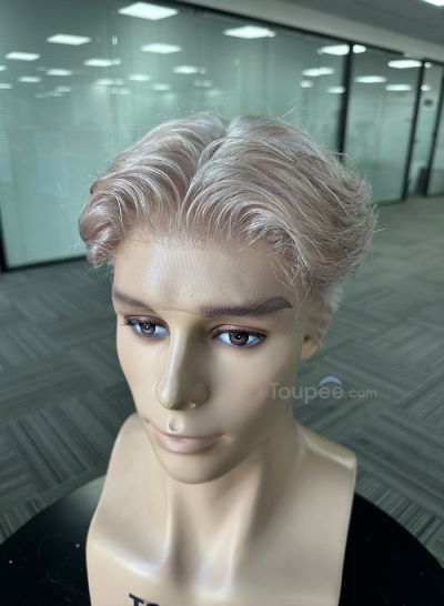 sliver grey color middle part natural wavy hairstyle pre cut full lace human hair men wig men toupee hair systems - mens toupee hair