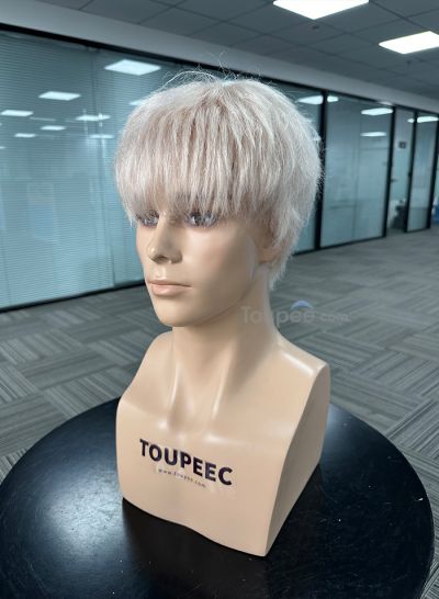 Sliver grey color long fringe hairstyle full lace human hair men wig pre cut hairstyle men toupee hair system replacement wig - mens toupee hair