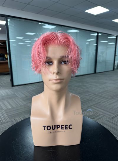 pink color middle part natural wavy hairstyle pre cut full lace human hair men wig men toupee hair systems - mens toupee hair