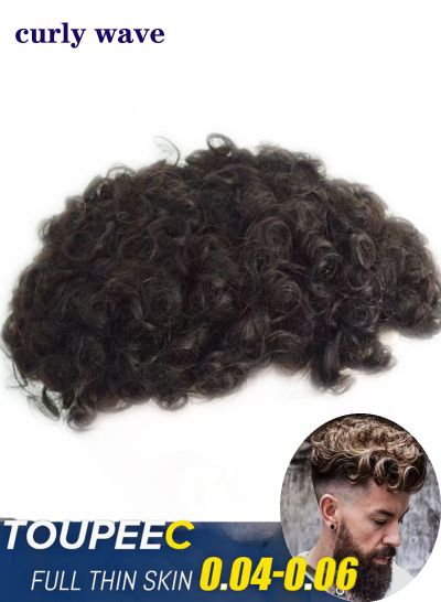 Replacement Curly Wave Human Hair Piece Unit Ultra Full PU Thin Skin Base Toupee Hair System For Men On Flash Sale