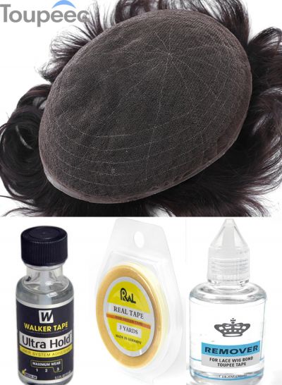 French Full Lace Hair System Toupee Human Hair Replacement Unit For Men Double Knots Hairpieces With Glue Accessories - mens toupee hair