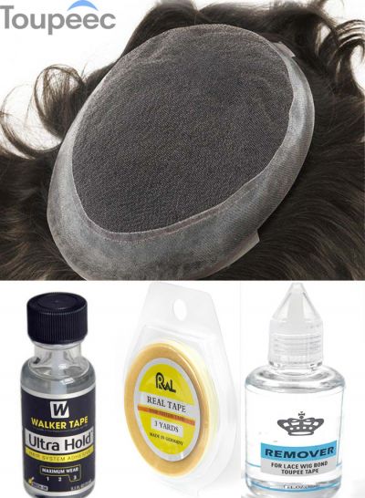 Human Hair Replacement System For Men Australia Lace With Clear PU Edge Toupee Hair System With Glue Accessories - mens toupee hair