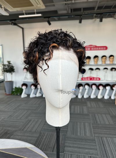 Colored Short Curly Human Hair Full Lace Wigs With Little Bangs Fashion Men's Wig Men's Toupee Hair System 2023 New Release 