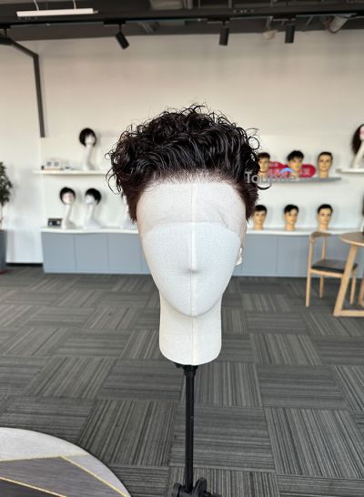 Wavy Classic Brush up hairstyle full lace human hair wigs for men natural black color in picture - mens toupee hair