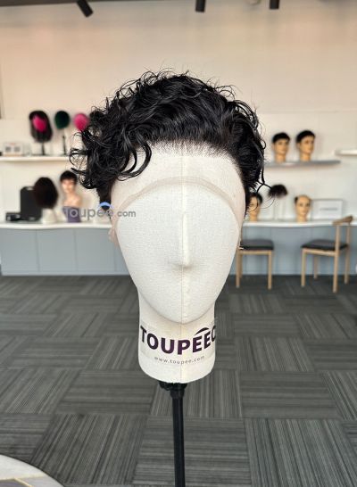 Wavy side bangs hairstyle full lace human hair wig men wig toupee hair system  - mens toupee hair