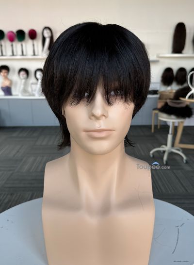Straight bangs hairstyle full lace basement wig 100% human hair natural black color toupee wig for men - mens toupee hair