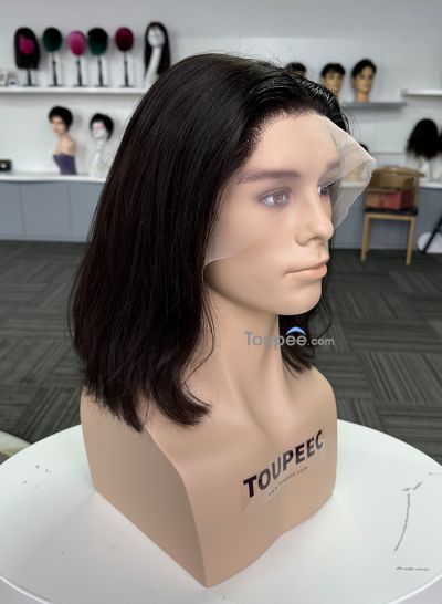 straight bob middle part way real human hair lace front men wig natural black color toupee hair system for men