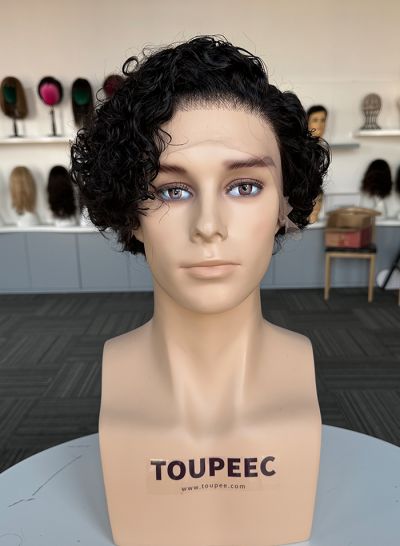 curly side bangs hairstyle full lace human hair wig men's wig hair system toupee  - mens toupee hair