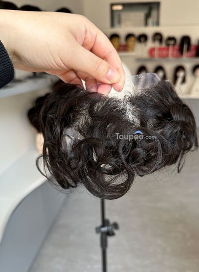 Wavy hairstyle skin hair system front hair piece 4x18cm natural black color men's hair toupee wig