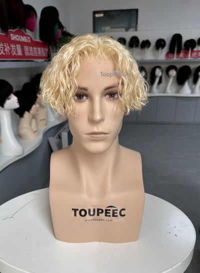 New blonde wavy middle hairstyle full lace human hair wig men wig men toupee hair systems - mens toupee hair