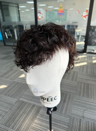 New curly hairstyle 4x12 inch mullet hairstyle thin skin hair systems human natural hair replacement men toupee natural black color - mens toupee hair