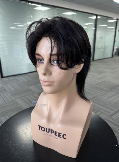 Wolf cut mullet pre cut hairstyle New arrival 7x14 inch size thin skin basement natural black color human natural hair system toupee men hair replacement - mens toupee hair