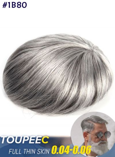 High Quality Mens Grey Toupee Hair | Stock Thin Skin Hair Replacement For Men #1B80