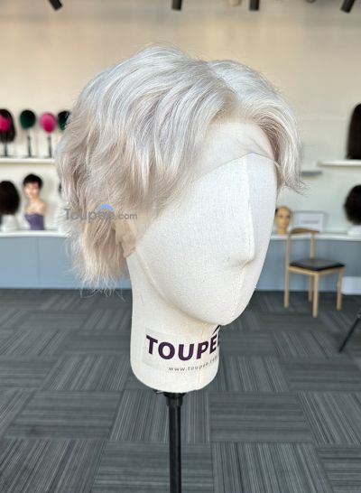 Sliver Grey Wavy Hairstyle Full lace human hair wig Men's wig toupee hair system - mens toupee hair