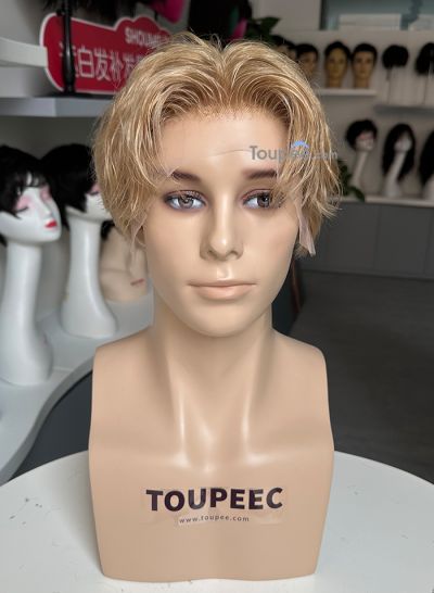 Blonde colorful Wavy Wet Hairstyle lace front human hair men wig men toupee hair system replacement - mens toupee hair