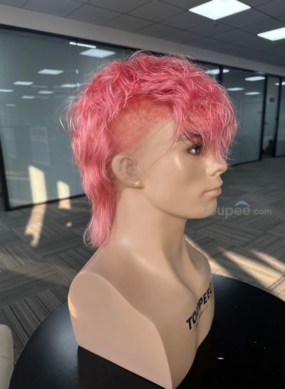 pink warm color full lace human hair men wig pre cut hairstyle long fringe men hair wig toupee hair systems replacements