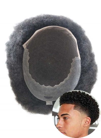 Q6 Lace Front With PU Afro Toupee For Black Men Human Hair 6mm African Afro Curl Black Mens Hair Pieces For Sale  - mens toupee hair