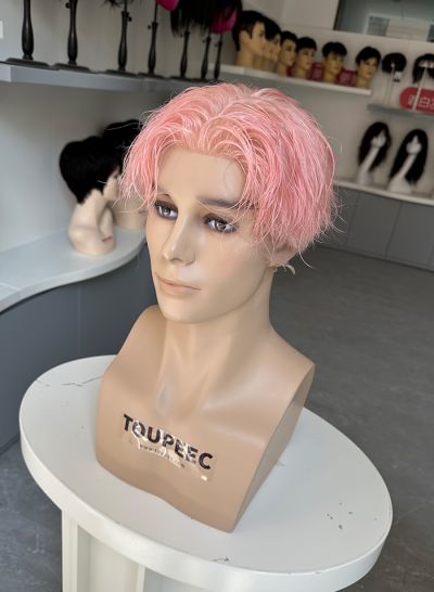 Pink color full lace human hair wig with hairstyle as picture men's wig men hair system  - mens toupee hair