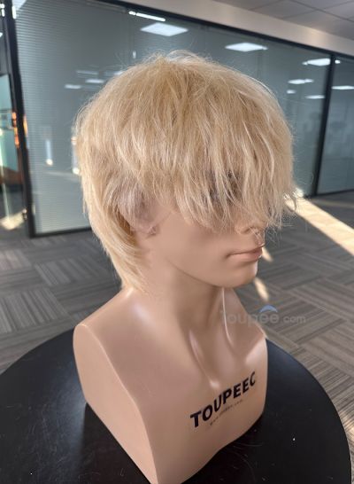 blonde color full lace human hair men wig pre cut hairstyle long fringe men hair wig toupee hair systems replacements - mens toupee hair