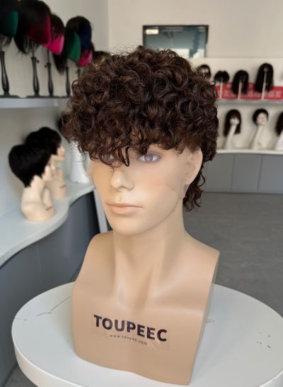 2024 New middle length curly hairstyle full lace human hair wig men's wig men hair system toupee for men 2# color - mens toupee hair
