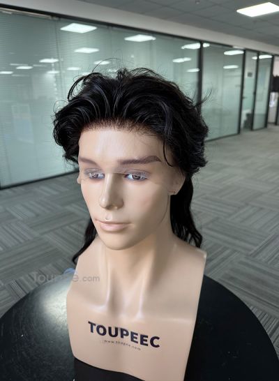 new natural wavy mullet hairstyle full lace human hair wig men toupee hair system wig natural black color