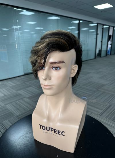 New arrival 7x14 inch size thin skin basement highlight color pre cut hairstyle human natural hair system toupee men hair replacement