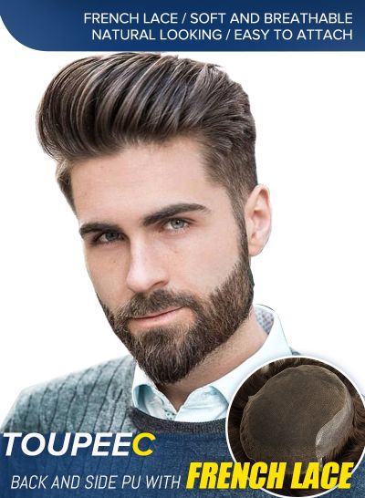 Soft and Breathable Mens Toupee Comfortable Lace Front with Poly Skin Hair Replacement For Men 4#