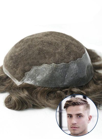 Natural Look Hair Toupee For Men French Lace with Poly Skin Mens Hairpieces for Thinning Hair