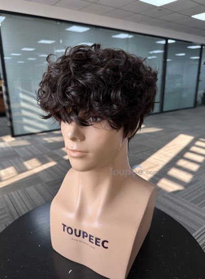 Customized human hair men wig curly hairstyle as picture 45-60days process time 