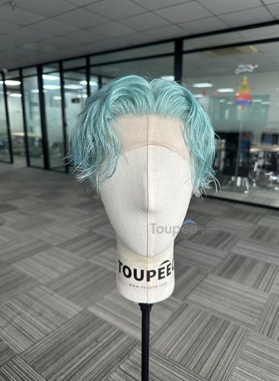 Sky blue middle part fringe hairstyle full lace human hair wig men wig men hair replacement systems toupee - mens toupee hair