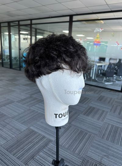 Curly hairstyle 0406mm thin skin hair system pre cut natural human hair systems replacement men toupee