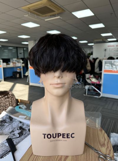 Bangs Wavy hairstyle full lace human hair wig natural black color men wig men hair - mens toupee hair