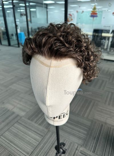 Curly side & up fringe hairstyle q6 hair system natural human hair replacement men toupee wig