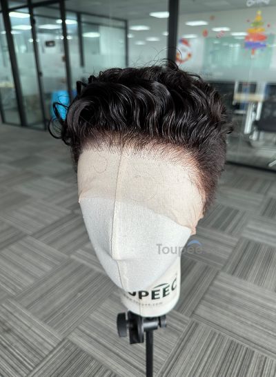 full lace human hair men wig pre cut curly hairstyle fringe up men hair wig toupee hair systems replacements - mens toupee hair