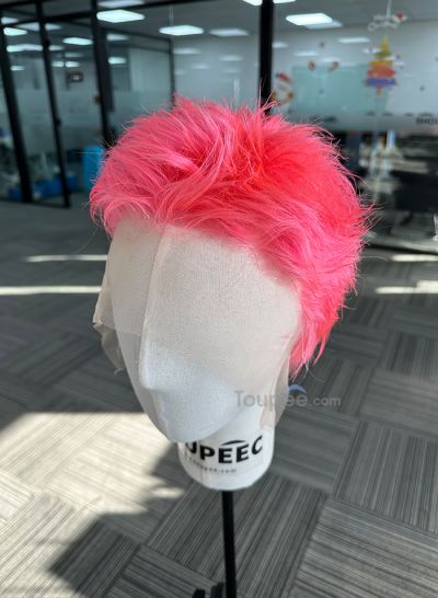 Pink color full lace human hair wig New short hairstyle men wig natural hair system