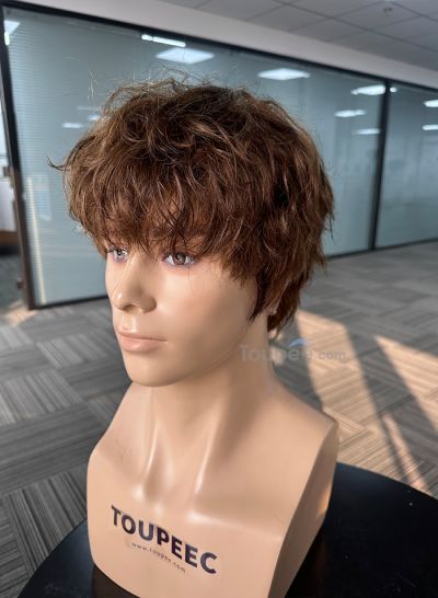 Brown color wavy hairstyle full lace human hair men wig pre cut hairstyle men toupee hair system replacement wig