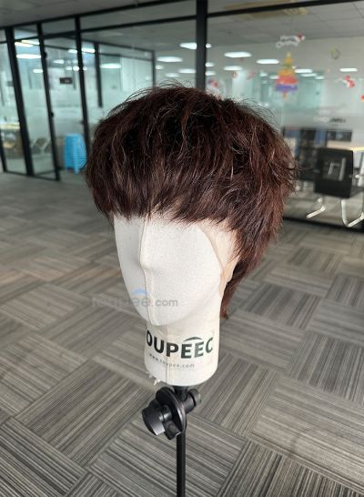 Dark Brown color straight short bangs hairstyle full lace human hair men wig pre cut men toupee hair system replacement - mens toupee hair