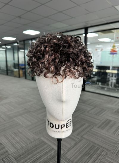 Highlight colorful curly hairstyle skin hair system real natural human hair system man toupee - mens toupee hair