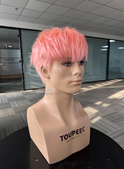 Warm pink color full lace human hair wig men wig hair system real natural hair wig for men