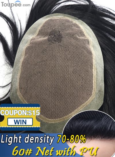 Wholesale 60# Net With Biological PU Around Toupee Hair For Women With 70-80% Light Density Replacement Natural Human Hair Systems With Natural Look For Balding Crown - mens toupee hair