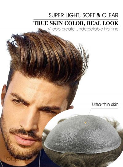 Best Hair System For Men Remy Hair V-Looped 8" x 10" Poly Skin In Stock Toupee