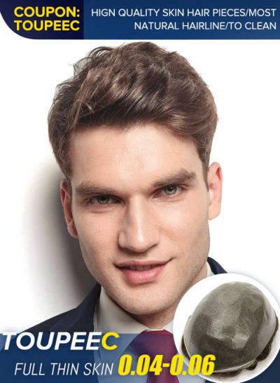 Human Hair Thin Skin Toupee Hairpieces For Men European Natural Wave V-looped Hair Replacement Virgin Human Hair Wigs   