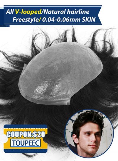 Undetectable V-Looped Thin Skin Toupee Hair Systems Best Mens Human Hair Replacement pieces For Men On Hot Sale - mens toupee hair